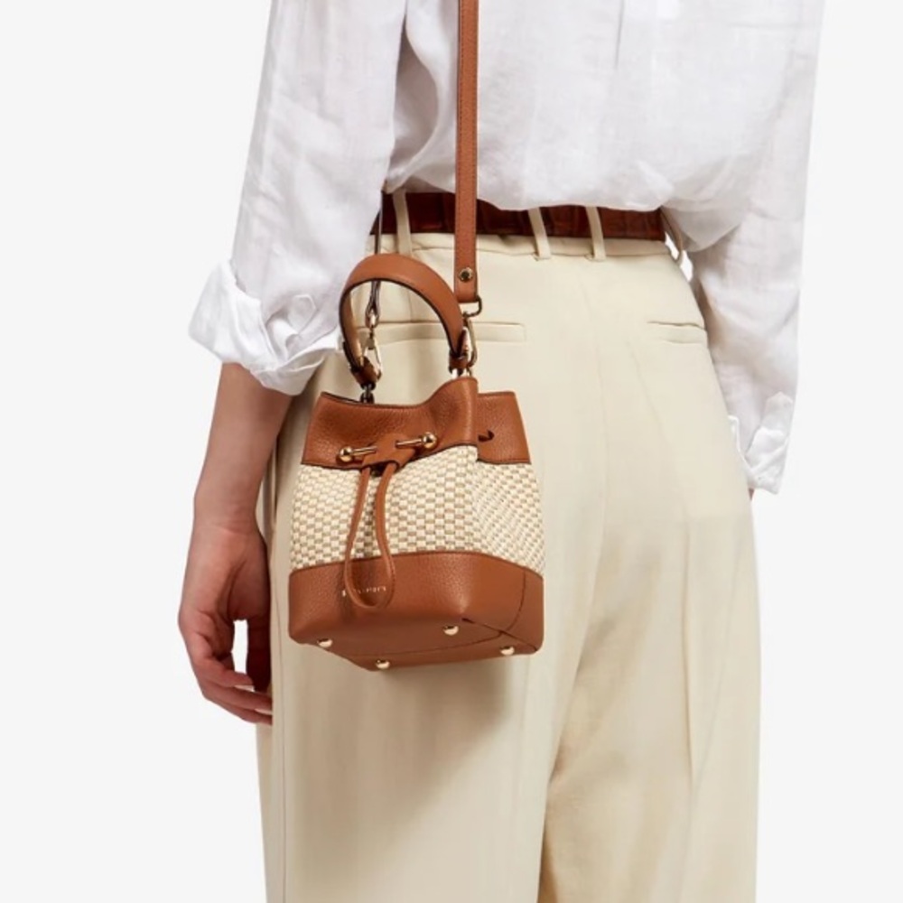 STRATHBERRY Lana Osette Bag Cotton Raffia Leather Tan Brown Shoulder Gold EUC